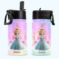Princess Castle Cartoon Gift For Her - Personalized Kids Water Bottle With Straw Lid