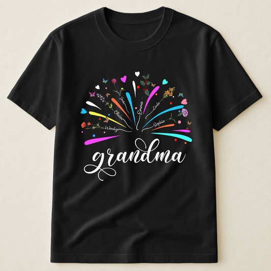 Proud Grandma And Kids Firework Birth Month Flowers - Personalized Shirt