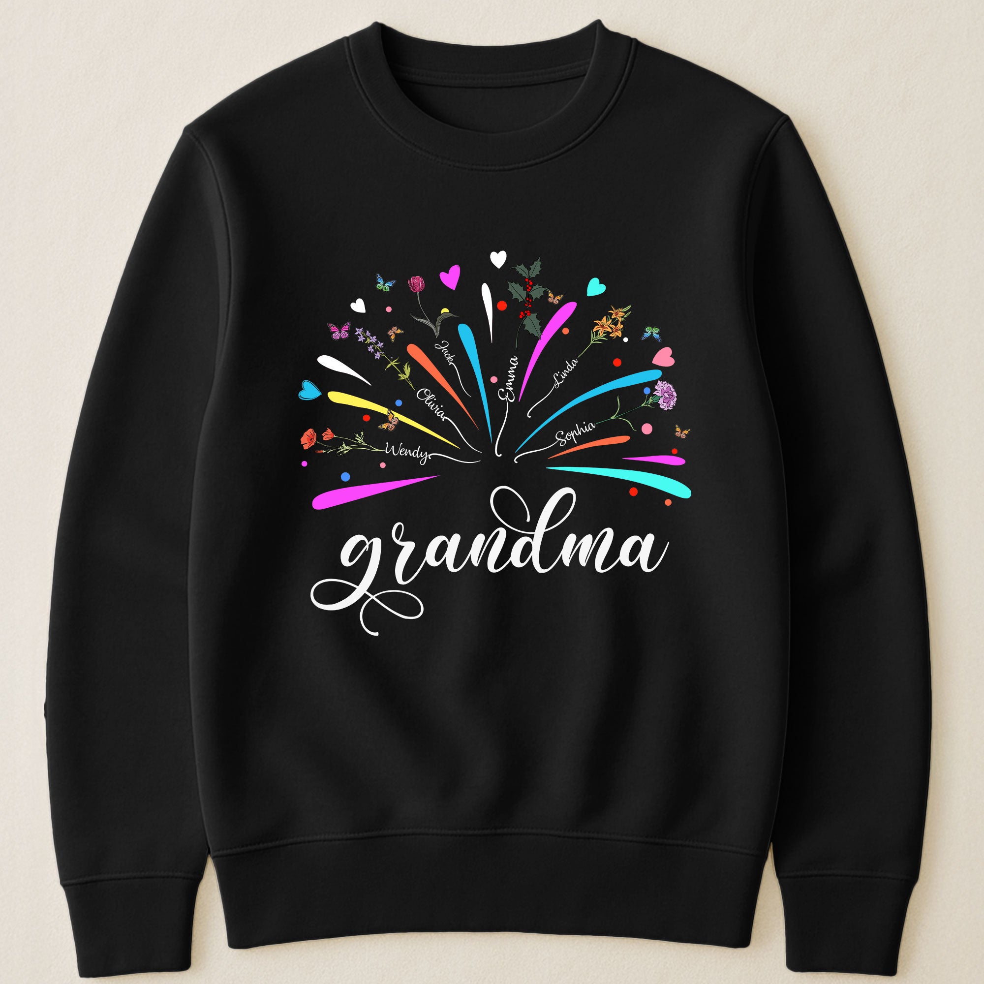 Proud Grandma And Kids Firework Birth Month Flowers - Personalized Shirt