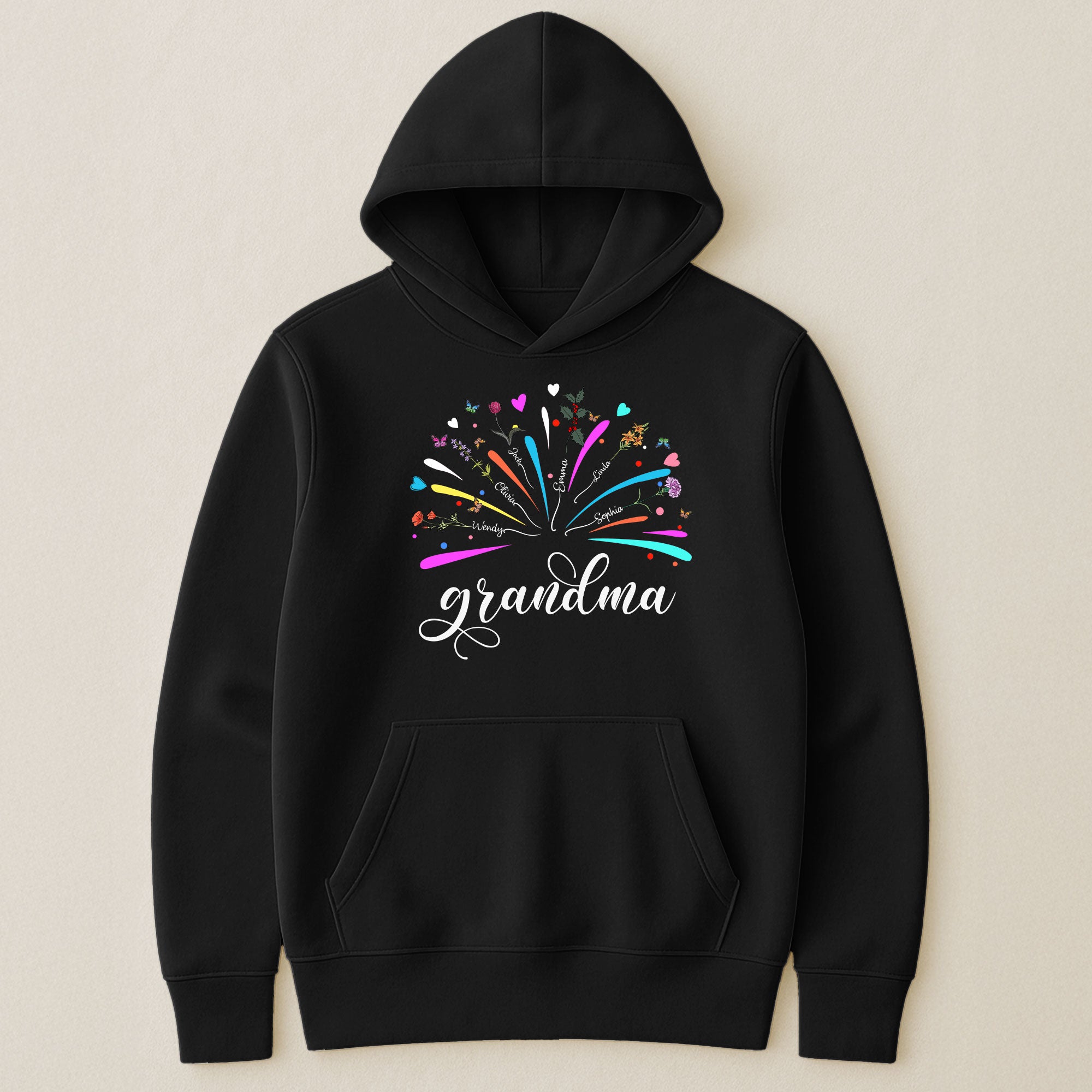 Proud Grandma And Kids Firework Birth Month Flowers - Personalized Shirt