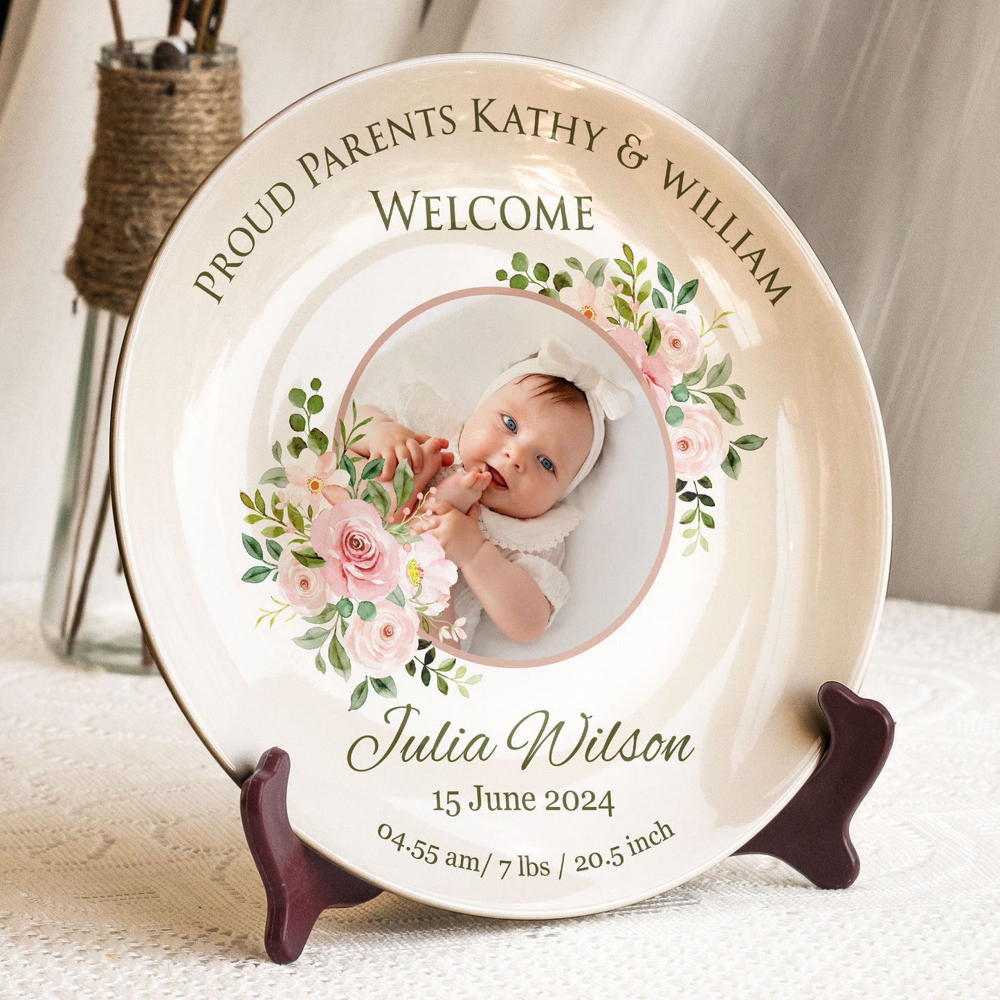 Proud Parents Newborn Baby Birth Plate - Personalized Photo Ceramic Plate