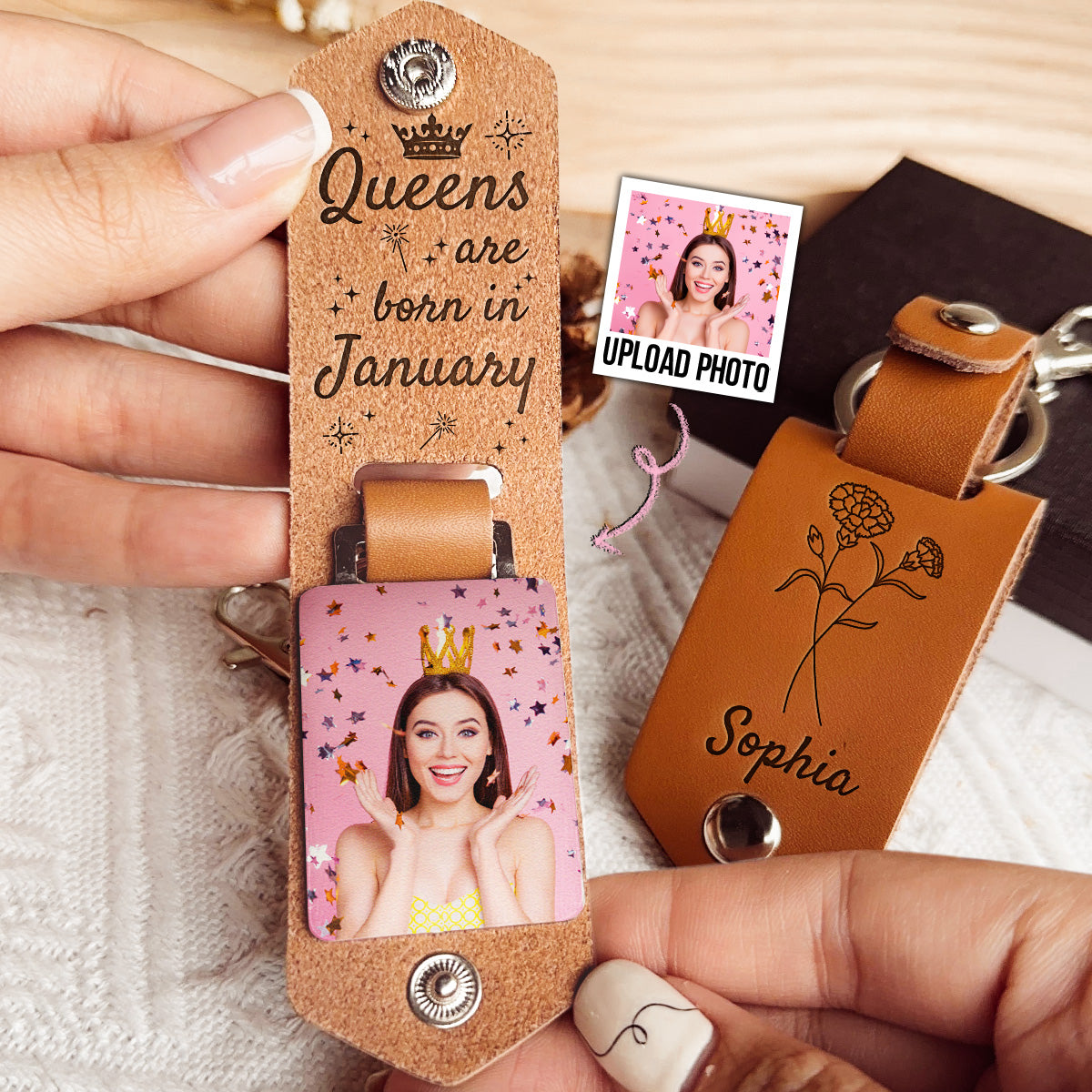 Queens Are Born Month Custom Birthflower - Personalized Leather Photo Keychain