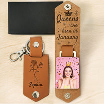Queens Are Born Month Custom Birthflower - Personalized Leather Photo Keychain