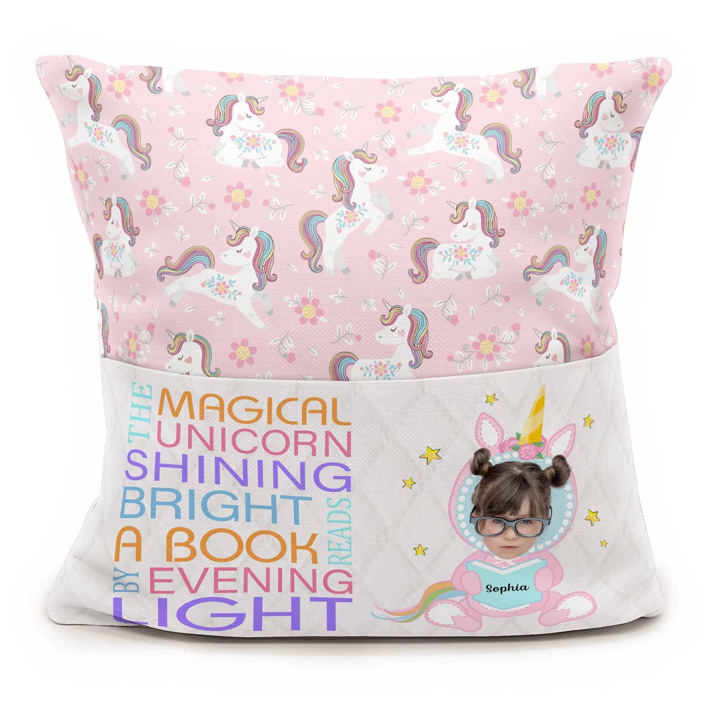Rainbow Hair Unicorn - Personalized Photo Pocket Pillow (Insert Included)