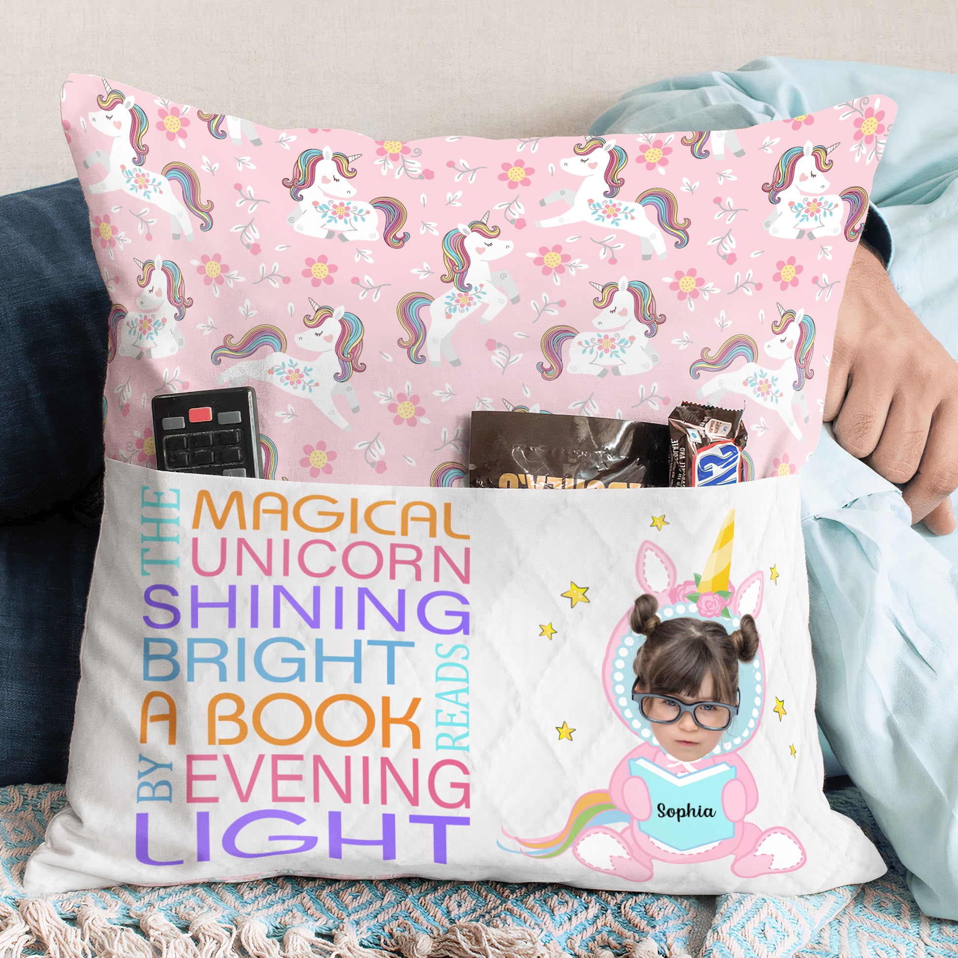Rainbow Hair Unicorn - Personalized Photo Pocket Pillow (Insert Included)