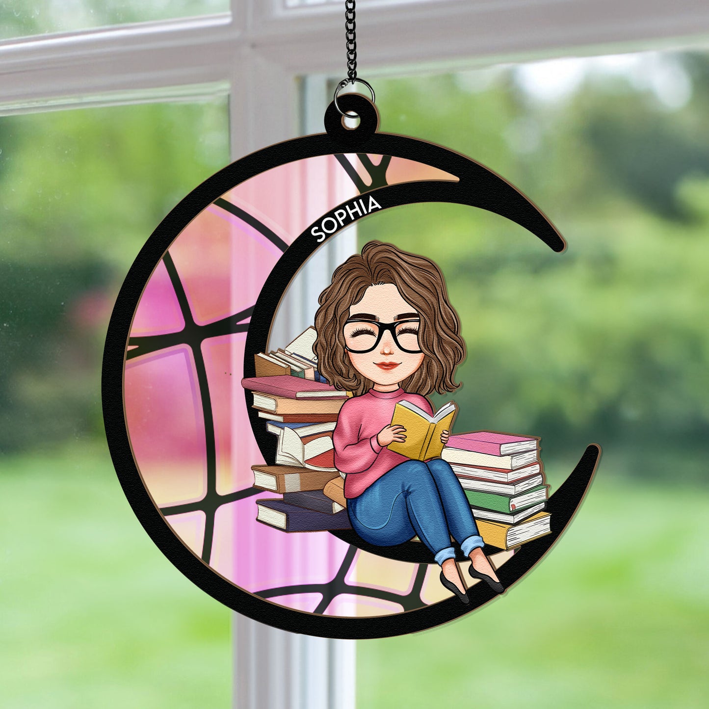 Reading On The Moon - Personalized Window Hanging Suncatcher Ornament
