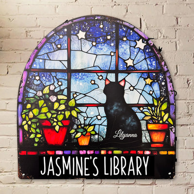 Reading With Black Cat Stained Glass Print - Personalized Metal Sign
