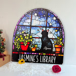 Reading With Black Cat Stained Glass Print - Personalized Metal Sign