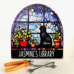Reading With Black Cat Stained Glass Print - Personalized Metal Sign