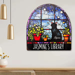 Reading With Black Cat Stained Glass Print - Personalized Metal Sign