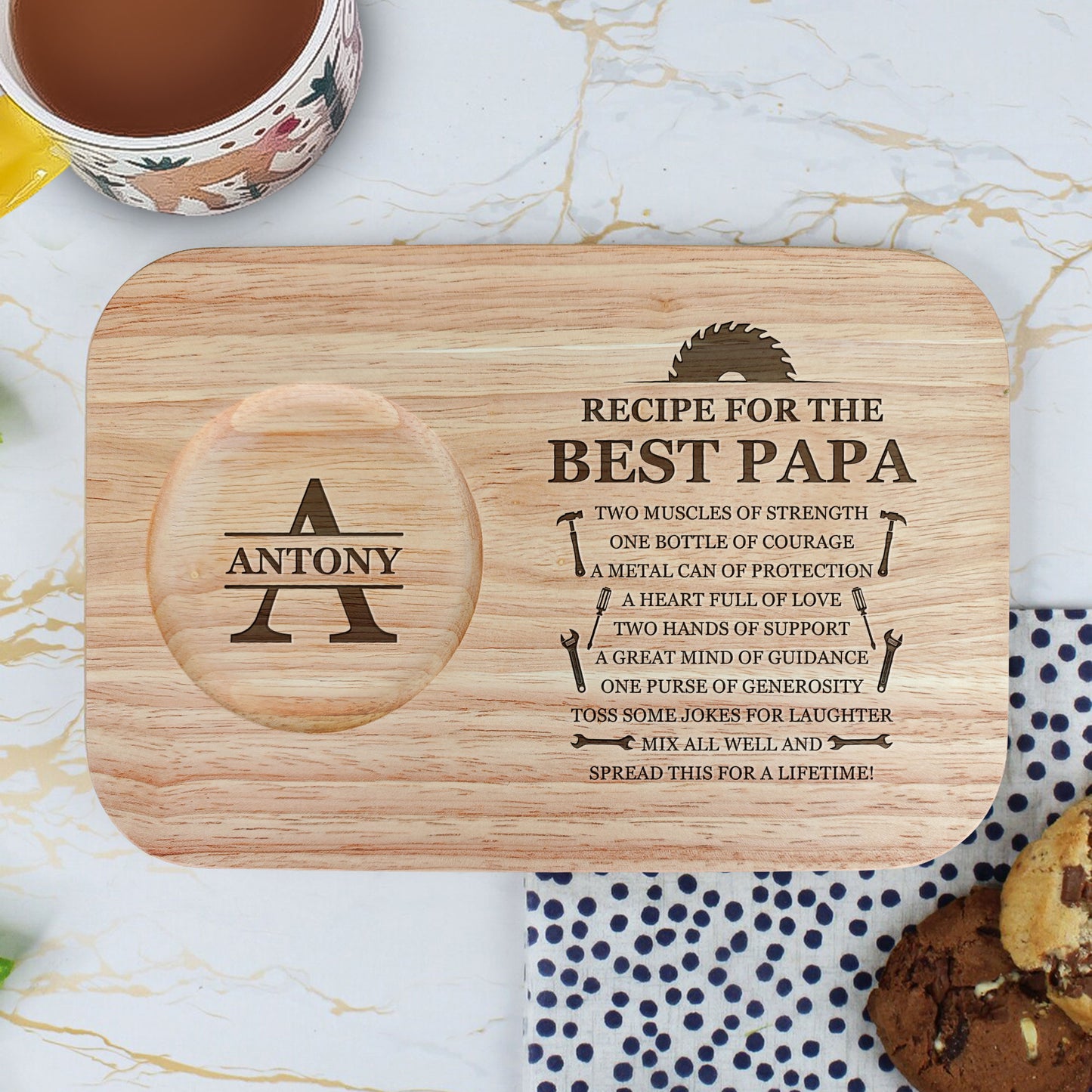 Recipe For The Best Papa - Custom Engraved Wooden Tea & Biscuit Board