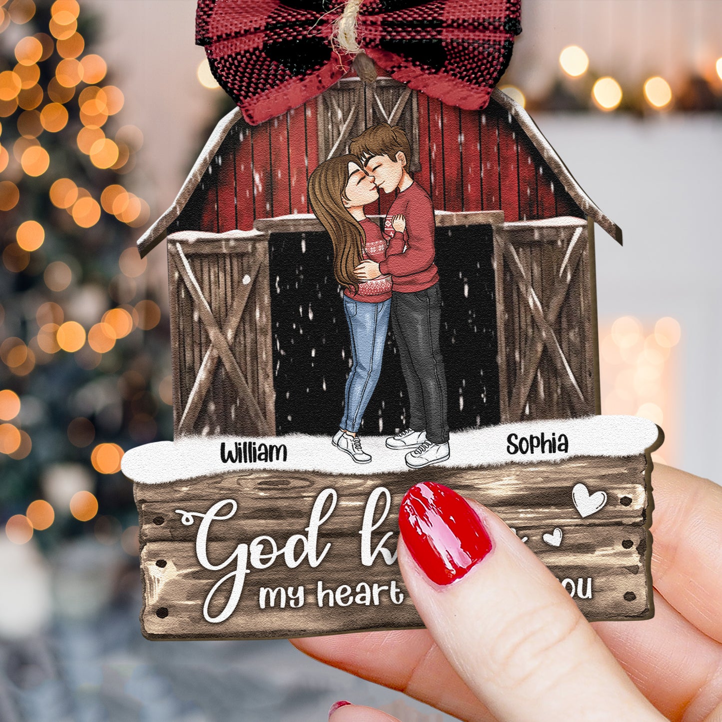 Red Barn Christmas Couples Anniversary - Personalized Wooden Ornament With Bow