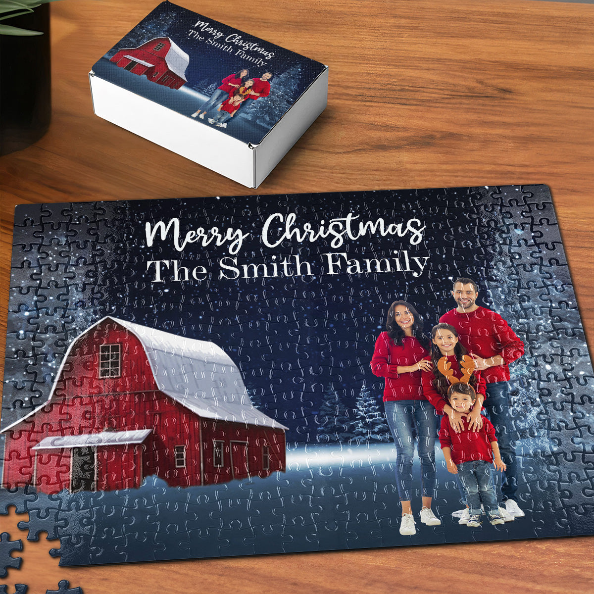 Red Barn Christmas Family Custom Photo - Personalized Photo Jigsaw Puzzle