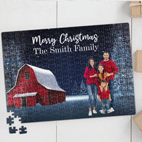 Red Barn Christmas Family Custom Photo - Personalized Photo Jigsaw Puzzle