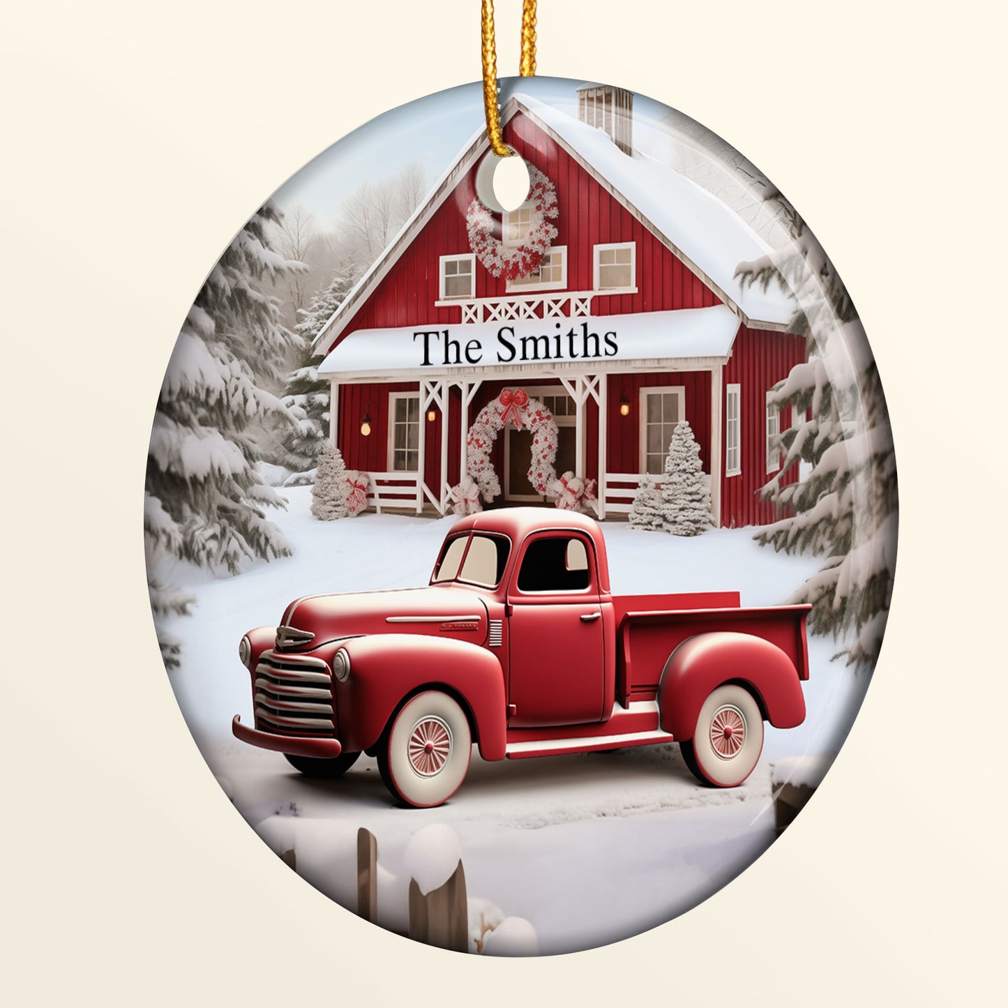 Red Barn, Red Truck Christmas - Personalized Ceramic Ornament
