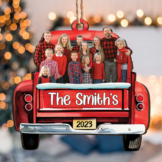 Red Truck Christmas Custom Photo Family Friends - Personalized Wooden Photo Ornament