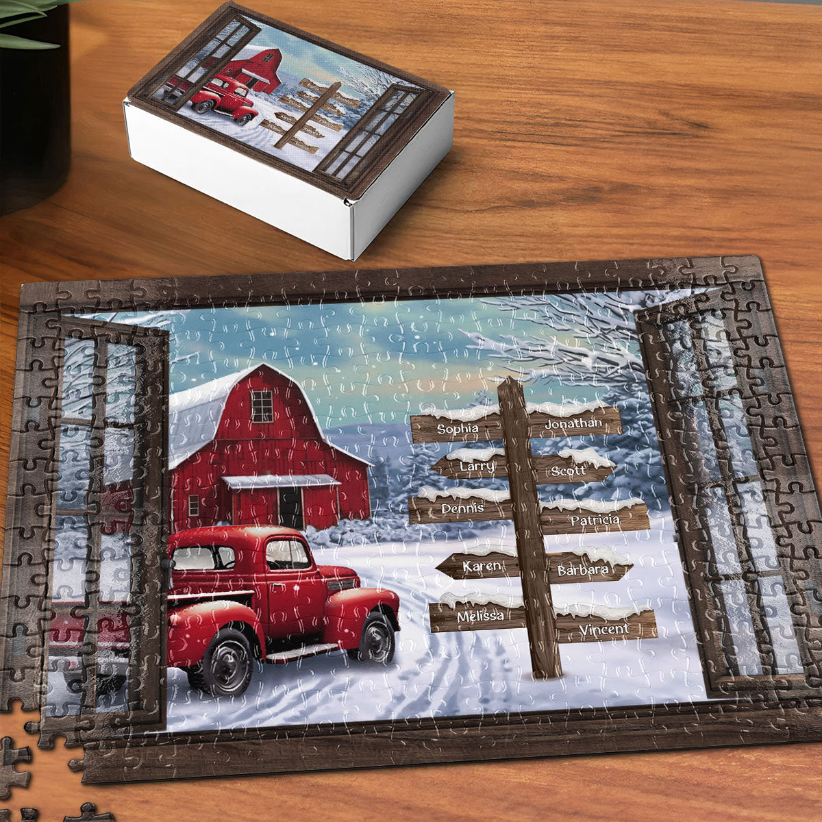 Red Truck Farmhouse Christmas Family Custom Photo - Personalized Photo Jigsaw Puzzle