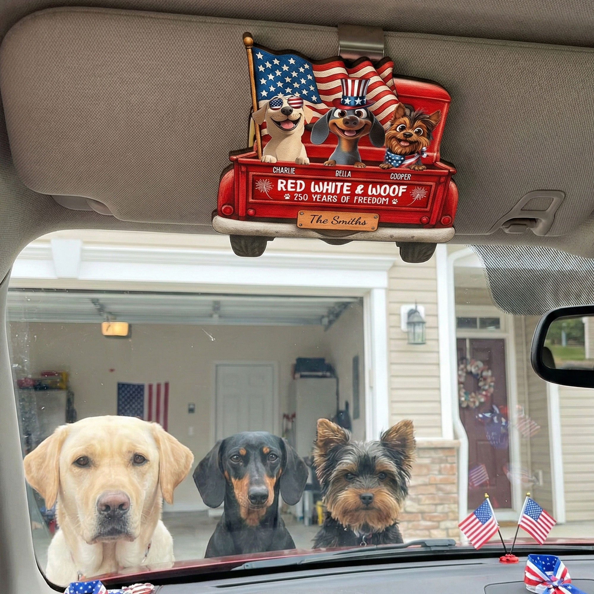 Red White And Woof - Personalized Wooden Car Visor Clip