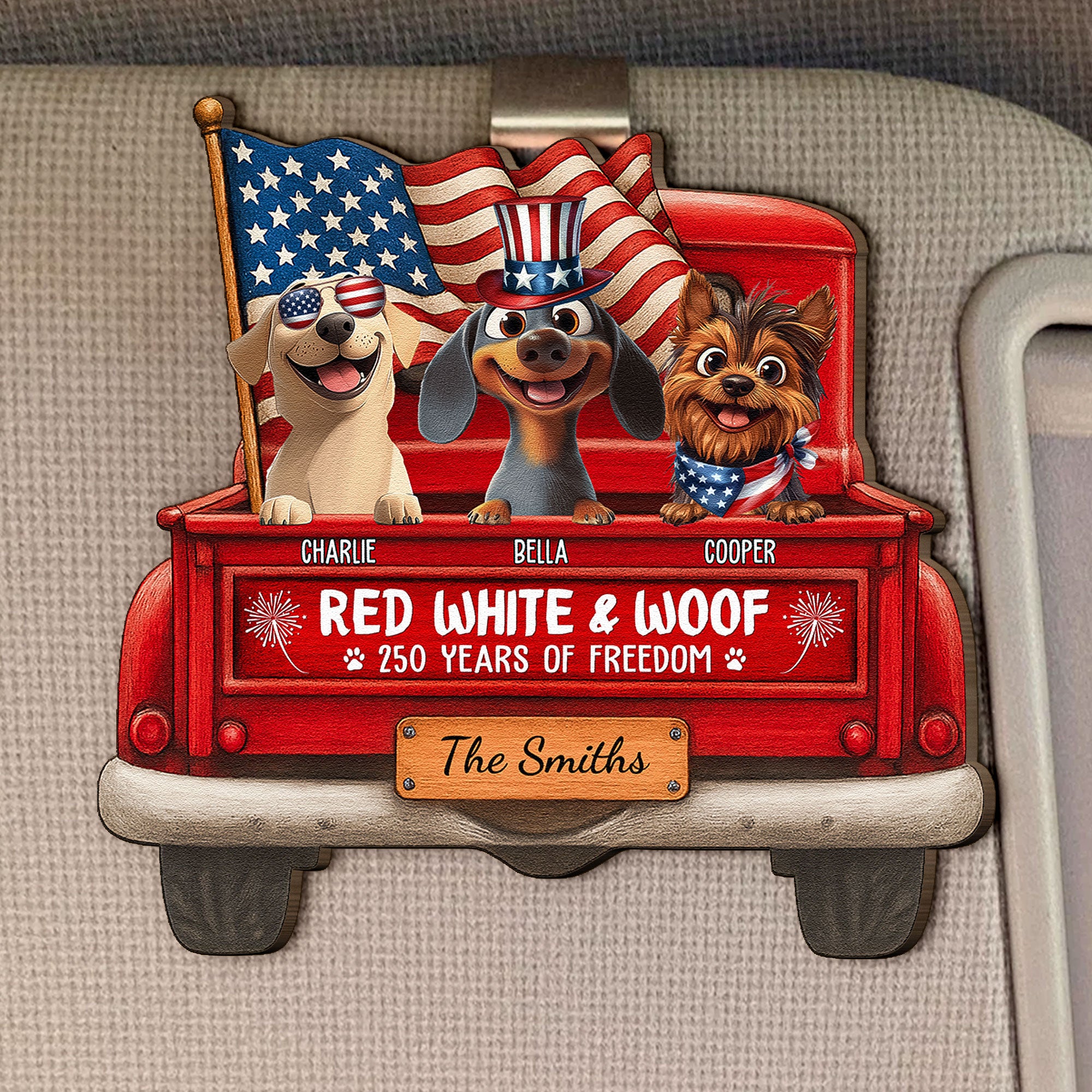 Red White And Woof - Personalized Wooden Car Visor Clip