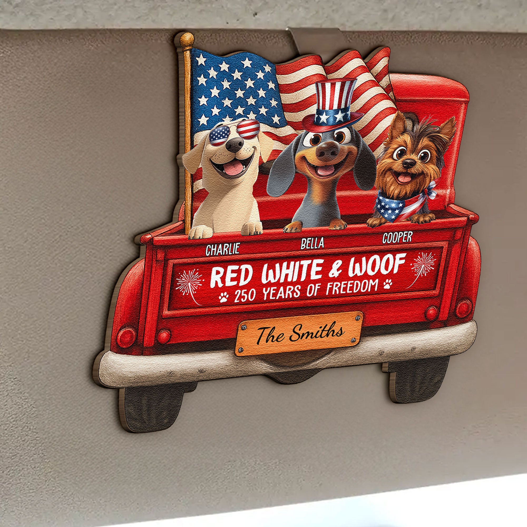 Red White And Woof - Personalized Wooden Car Visor Clip
