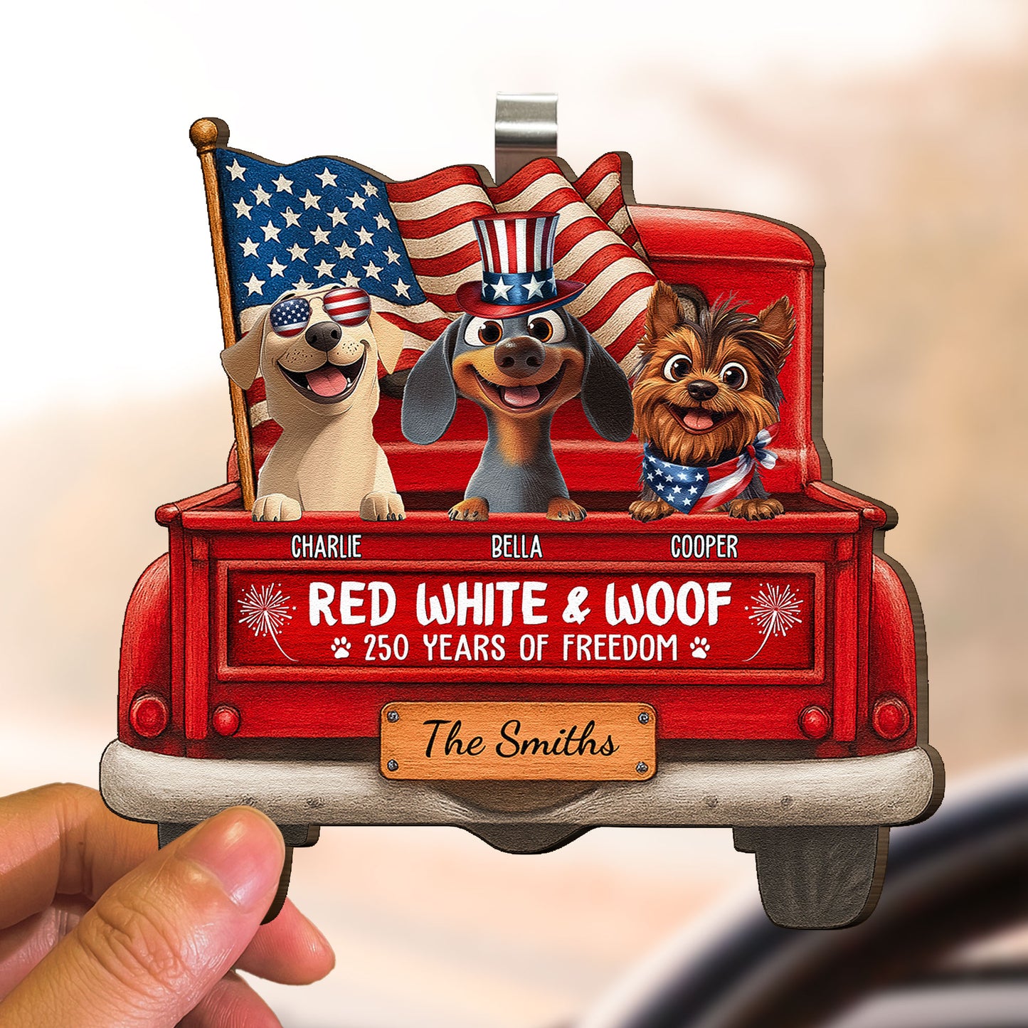 Red White And Woof - Personalized Wooden Car Visor Clip