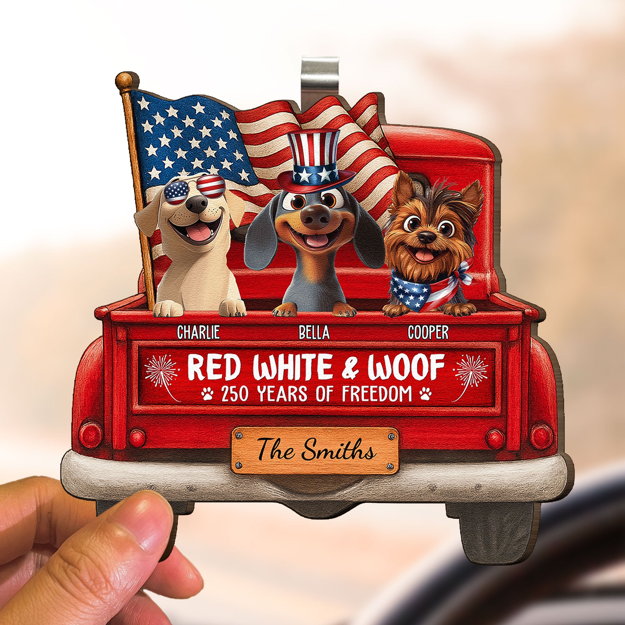 Red White And Woof - Personalized Wooden Car Visor Clip