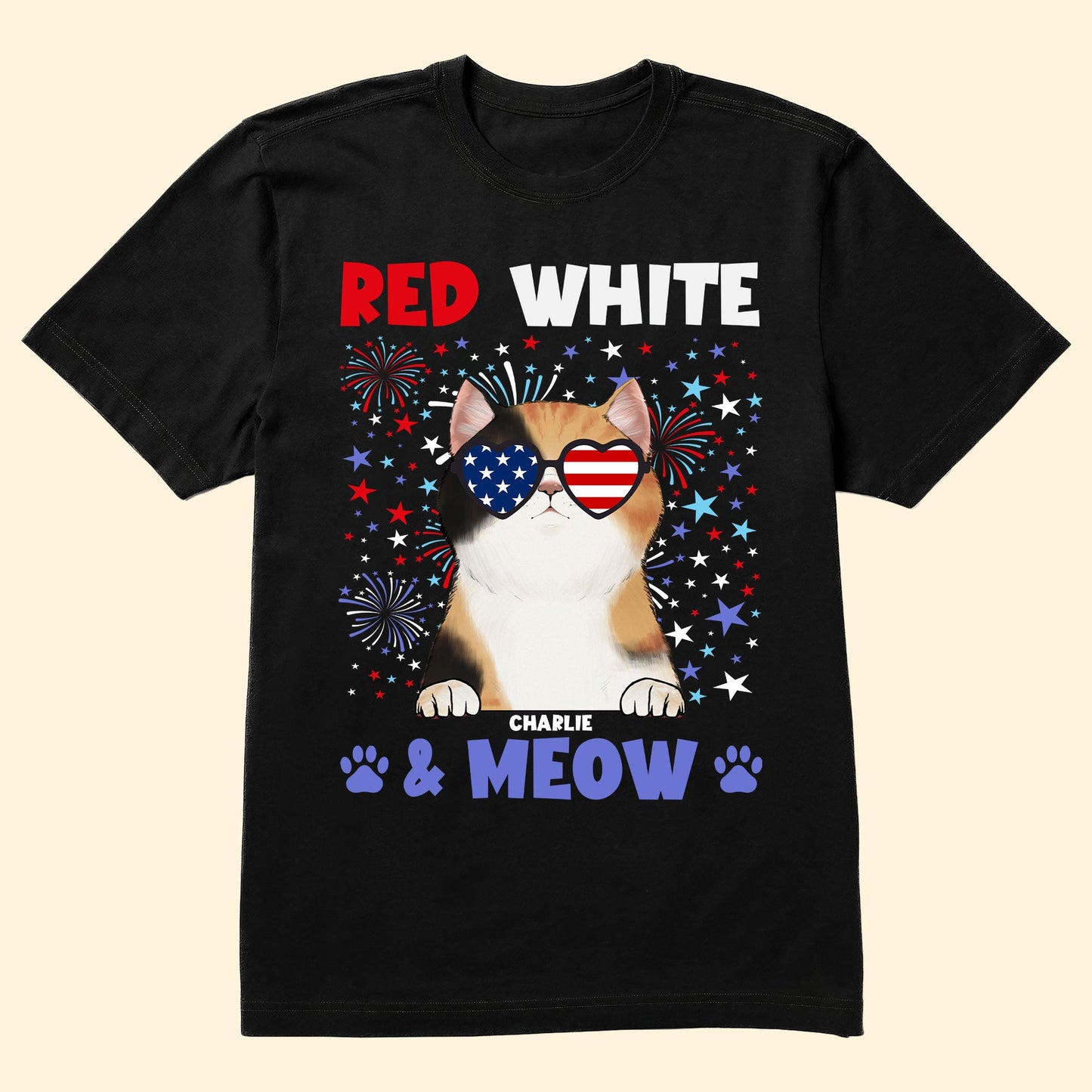 Red White & Meow With 4Th Of July Pattern - Personalized Shirt