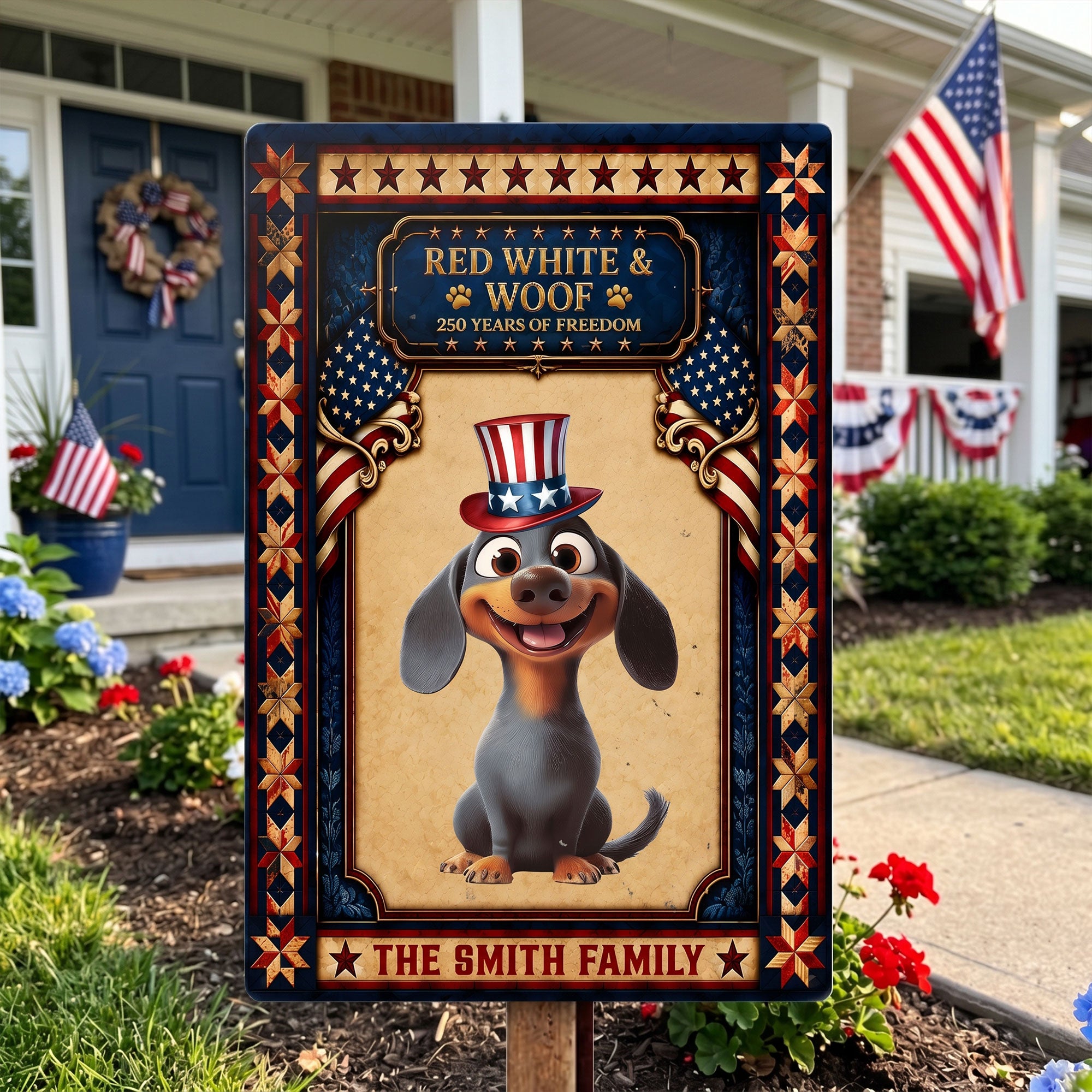 Red-White-&-Woof-250Th-Anniversary-Usa-Gift-For-Pet-Lovers-Personalized-Metal-Sign-1
