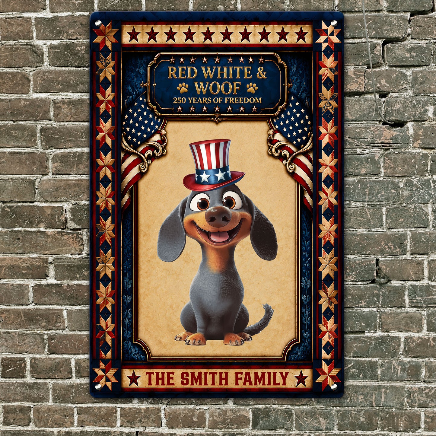Red-White-&-Woof-250Th-Anniversary-Usa-Gift-For-Pet-Lovers-Personalized-Metal-Sign-2