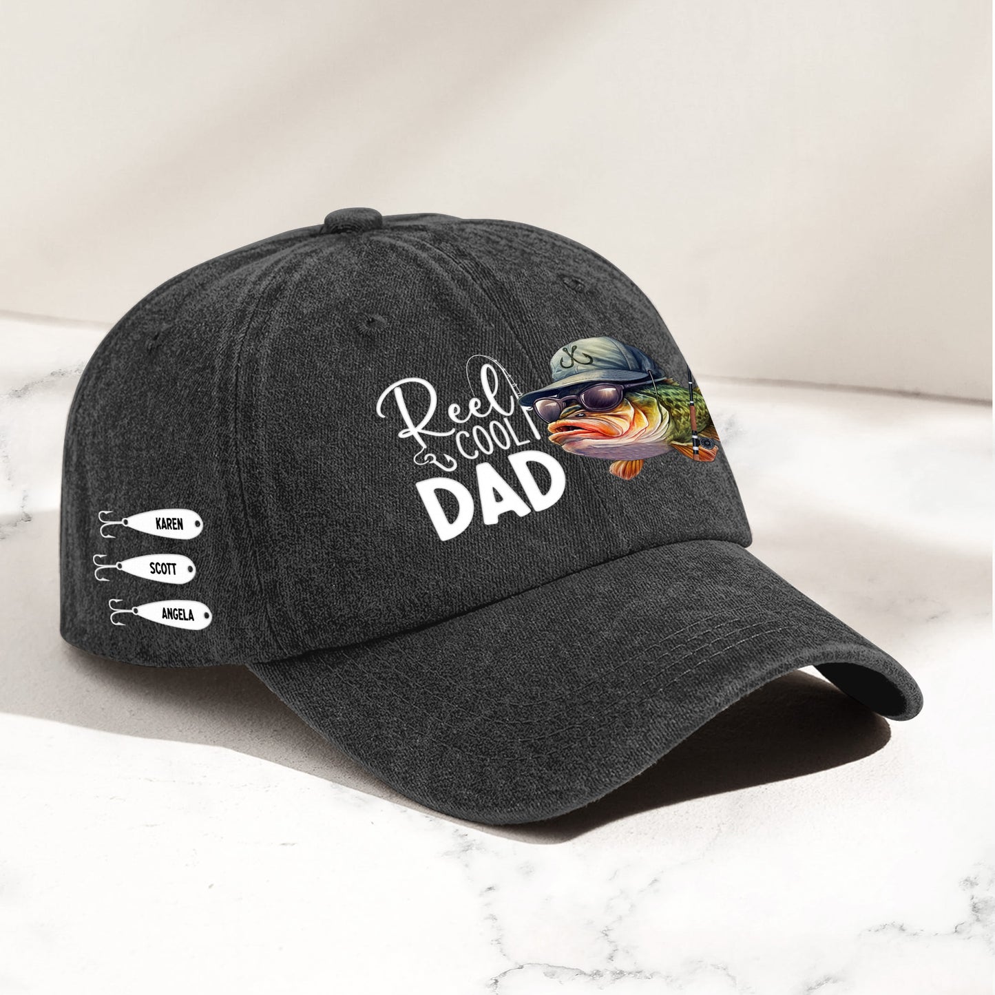 Reel Cool Dad, Grandpa, Papa - Custom Kids' Names - Personalized Distressed Denim Cap