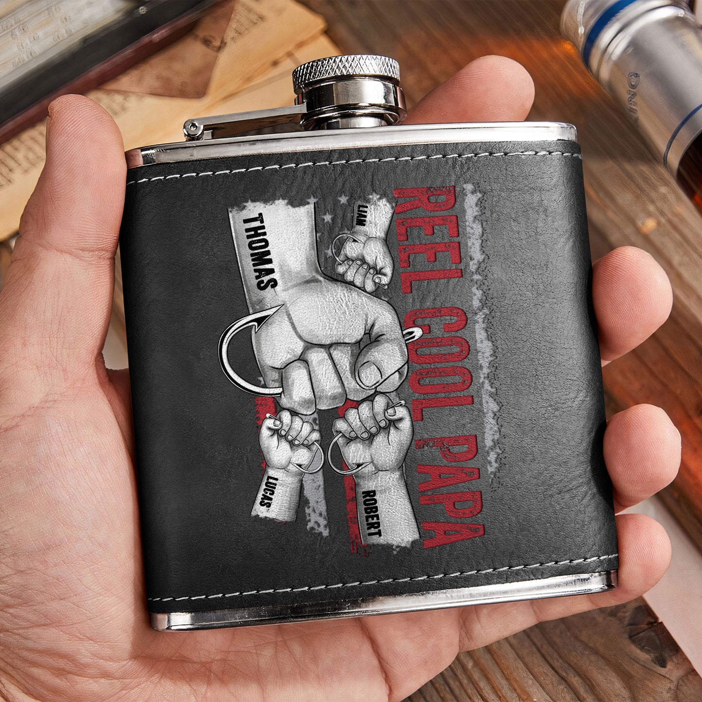 Reel Cool Papa, Grandpa - Personalized Leather Flask