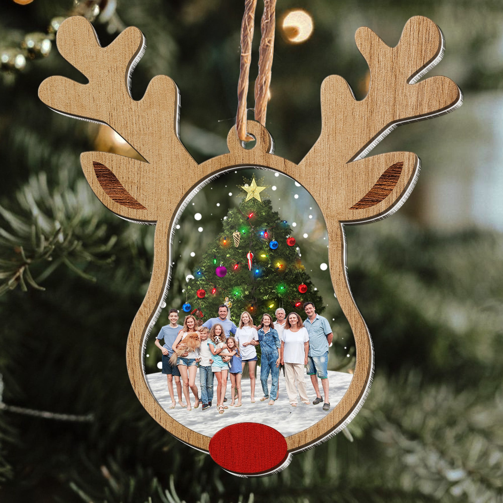 Reindeer Christmas Custom Photo Family, Friends - Personalized Wood Acrylic Photo Ornament