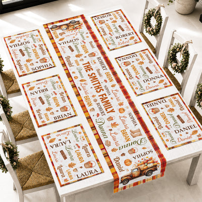 Repeating Names Autumn Leaves Pumpkin Pattern Decor - Personalized Table Runner Set