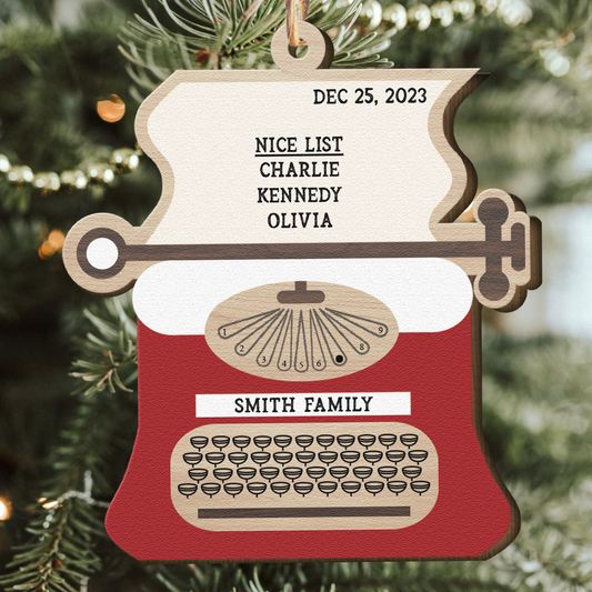 Retro Typewriter Family Christmas Funny - Personalized Wooden Ornament
