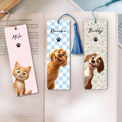 Retro Checkered Floral Stripe Peeking Pet, Reading Gift For Pet Lover - Custom Bookmark