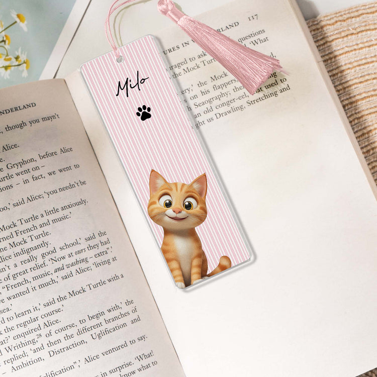 Retro-Checkered-Floral-Stripe-Peeking-Pet,-Reading-Gift-For-Pet-Lover-Custom-Bookmark-3