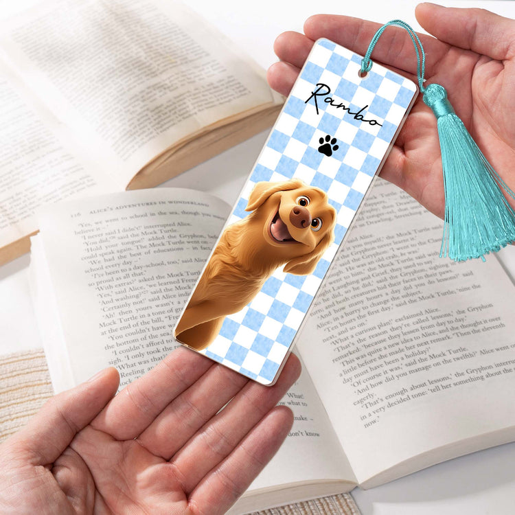 Retro-Checkered-Floral-Stripe-Peeking-Pet,-Reading-Gift-For-Pet-Lover-Custom-Bookmark-6
