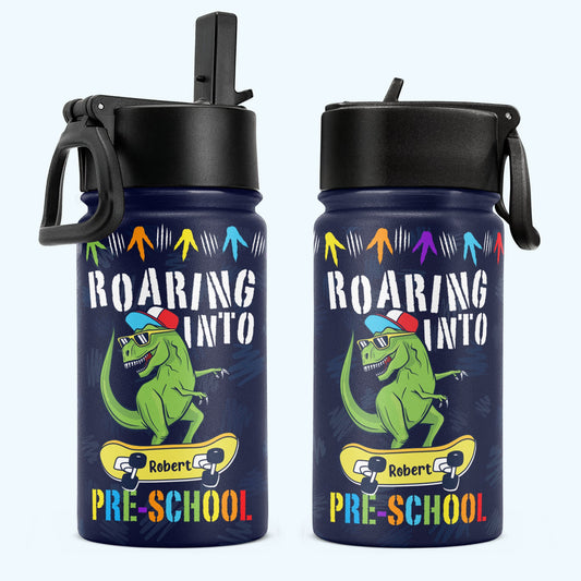 Roaring Into School - Personalized Kids Water Bottle With Straw Lid