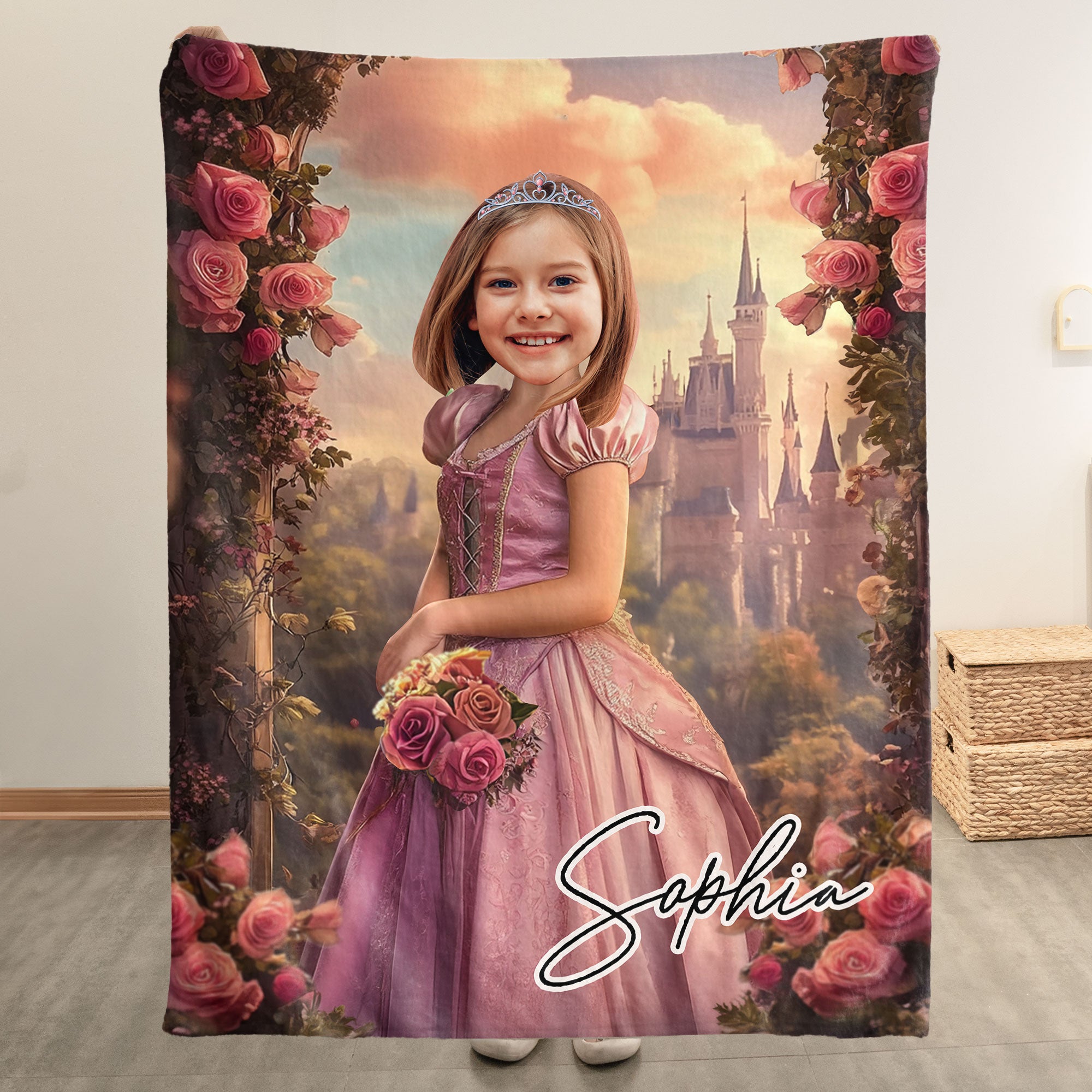 Rose Pink Princess - Gifts For Daughter, Little Girls - Custom Face & Name - Personalized Photo Blanket