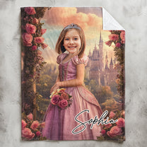 Rose Pink Princess - Gifts For Daughter, Little Girls - Custom Face & Name - Personalized Photo Blanket