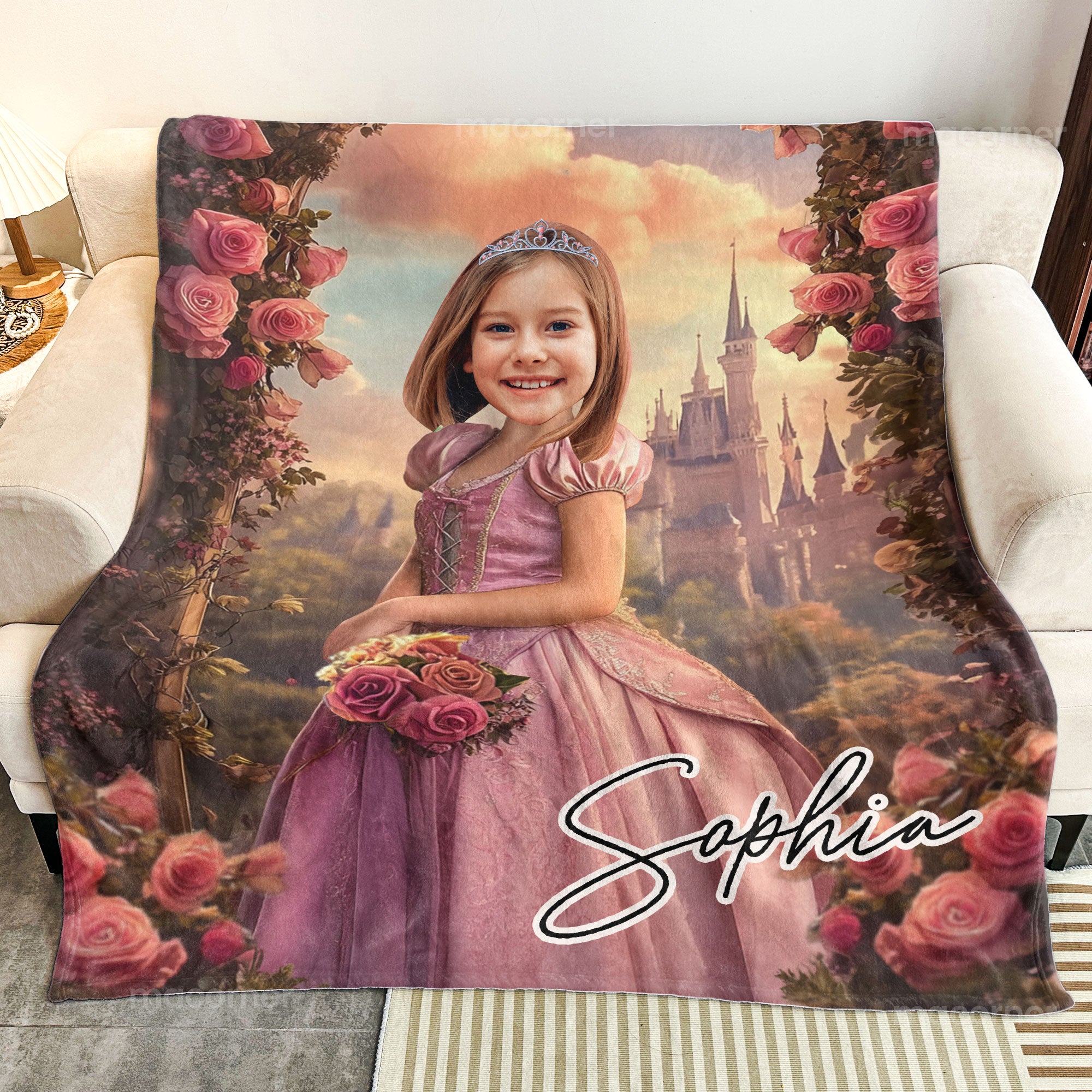 Rose Pink Princess - Gifts For Daughter, Little Girls - Custom Face & Name - Personalized Photo Blanket