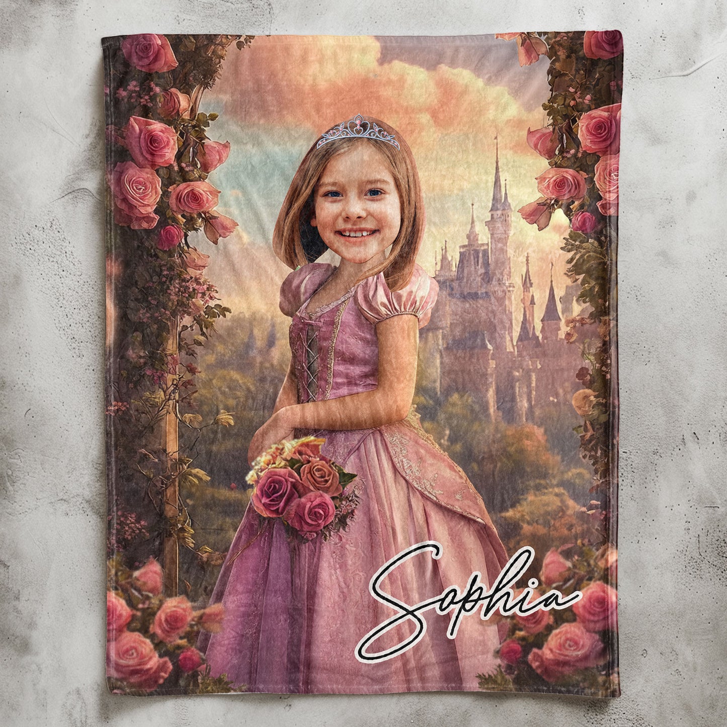 Rose Pink Princess - Gifts For Daughter, Little Girls - Custom Face & Name - Personalized Photo Blanket