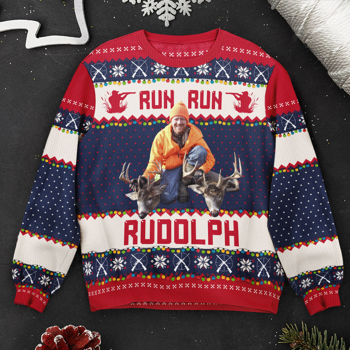 Run Run Rudolph - Hunting Christmas Gifts For Dad, Grandpa, Husband - Personalized Photo Ugly Sweater