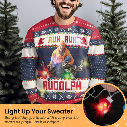 Run Run Rudolph - Hunting Christmas Gifts For Dad, Grandpa, Husband - Personalized Photo Ugly Sweater