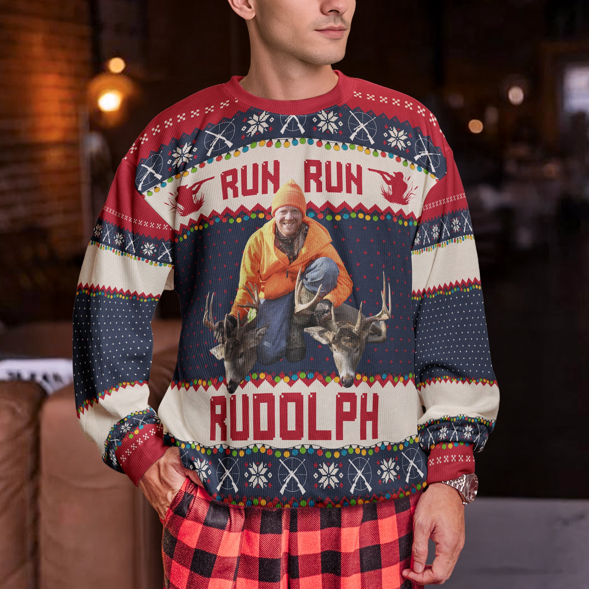 Run Run Rudolph - Hunting Christmas Gifts For Dad, Grandpa, Husband - Personalized Photo Ugly Sweater