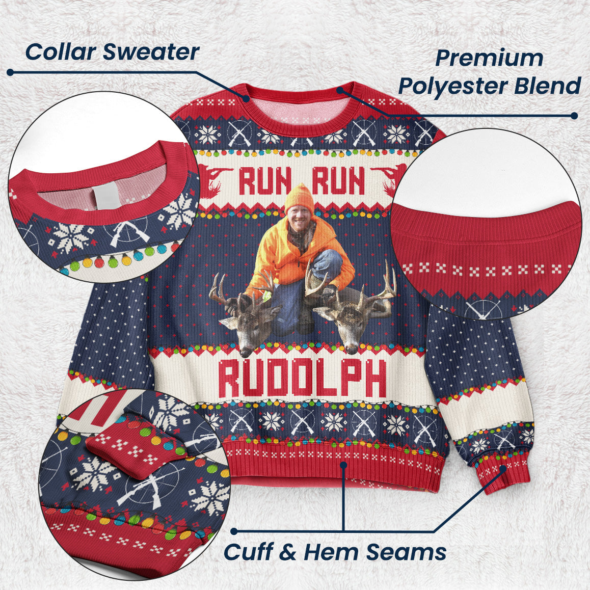 Run Run Rudolph - Hunting Christmas Gifts For Dad, Grandpa, Husband - Personalized Photo Ugly Sweater