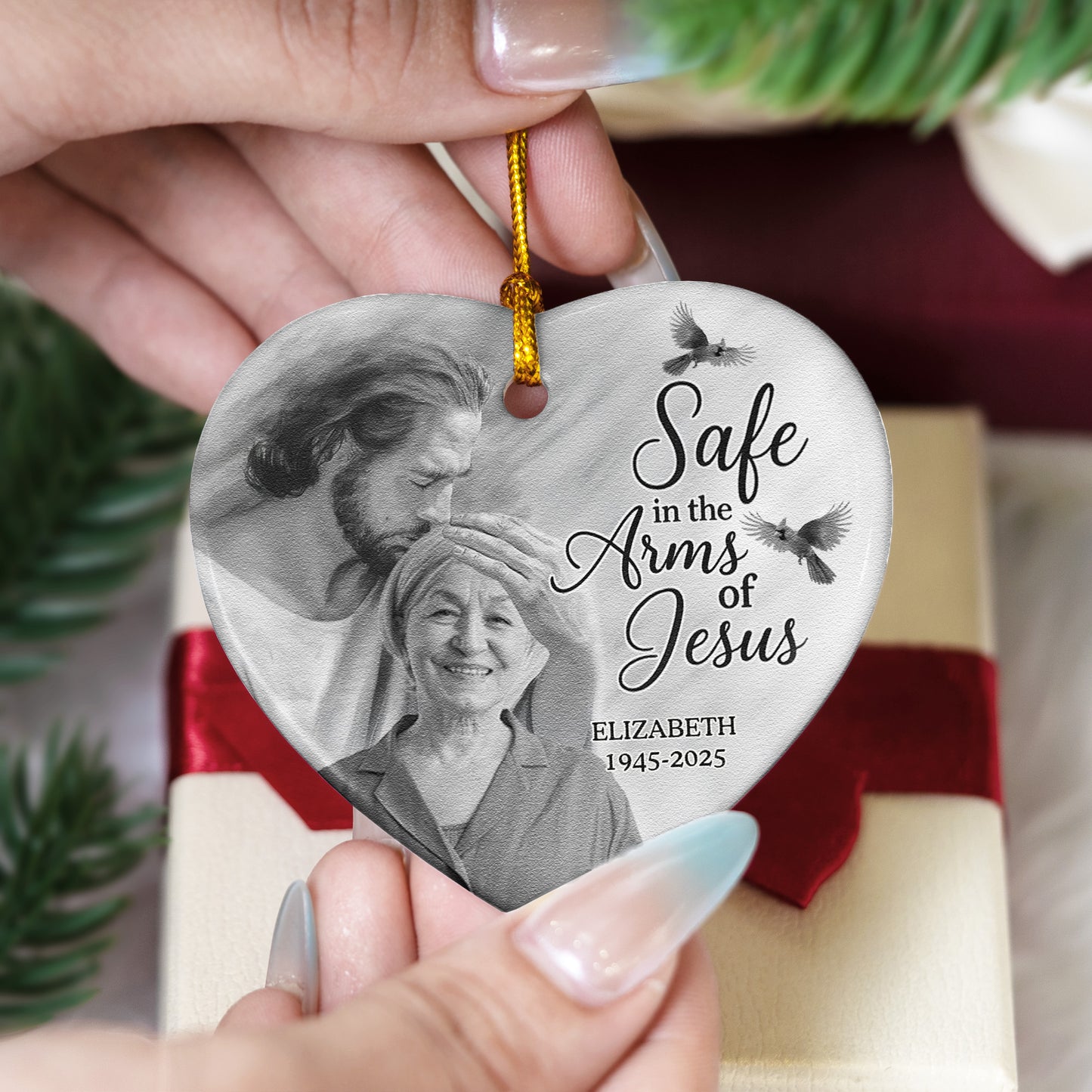 Safe In The Arm Of Jesus - Personalized Ceramic Photo Ornament