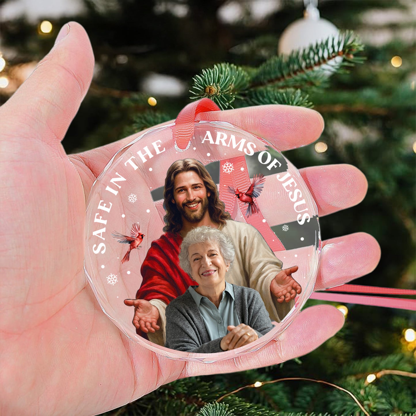 Safe In The Arms Of Jesus Memorial Christmas Ornament - Personalized Glass Photo Ornament