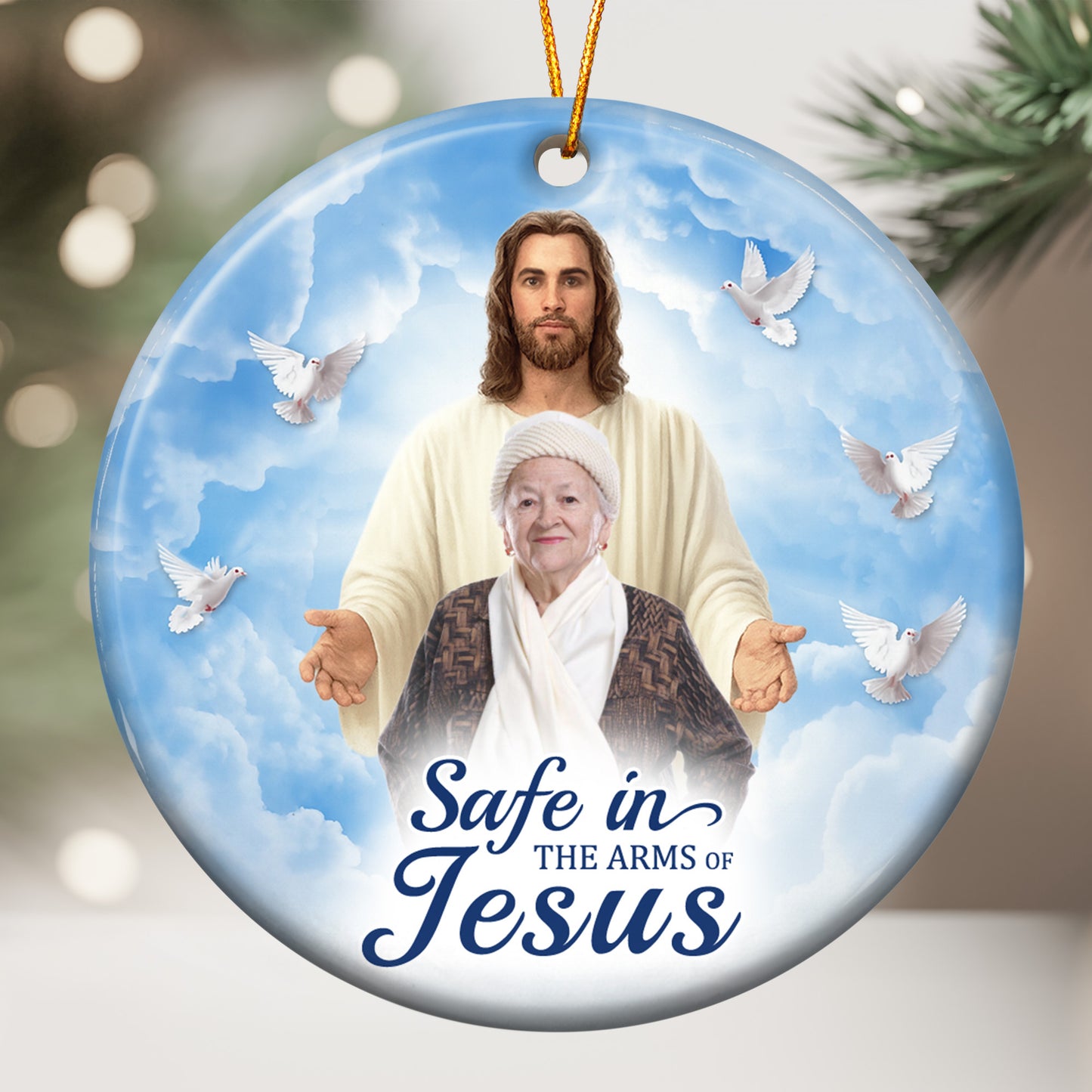 Safe In The Arms Of Jesus Memorial Christmas Ornament - Personalized Ceramic Photo Ornament