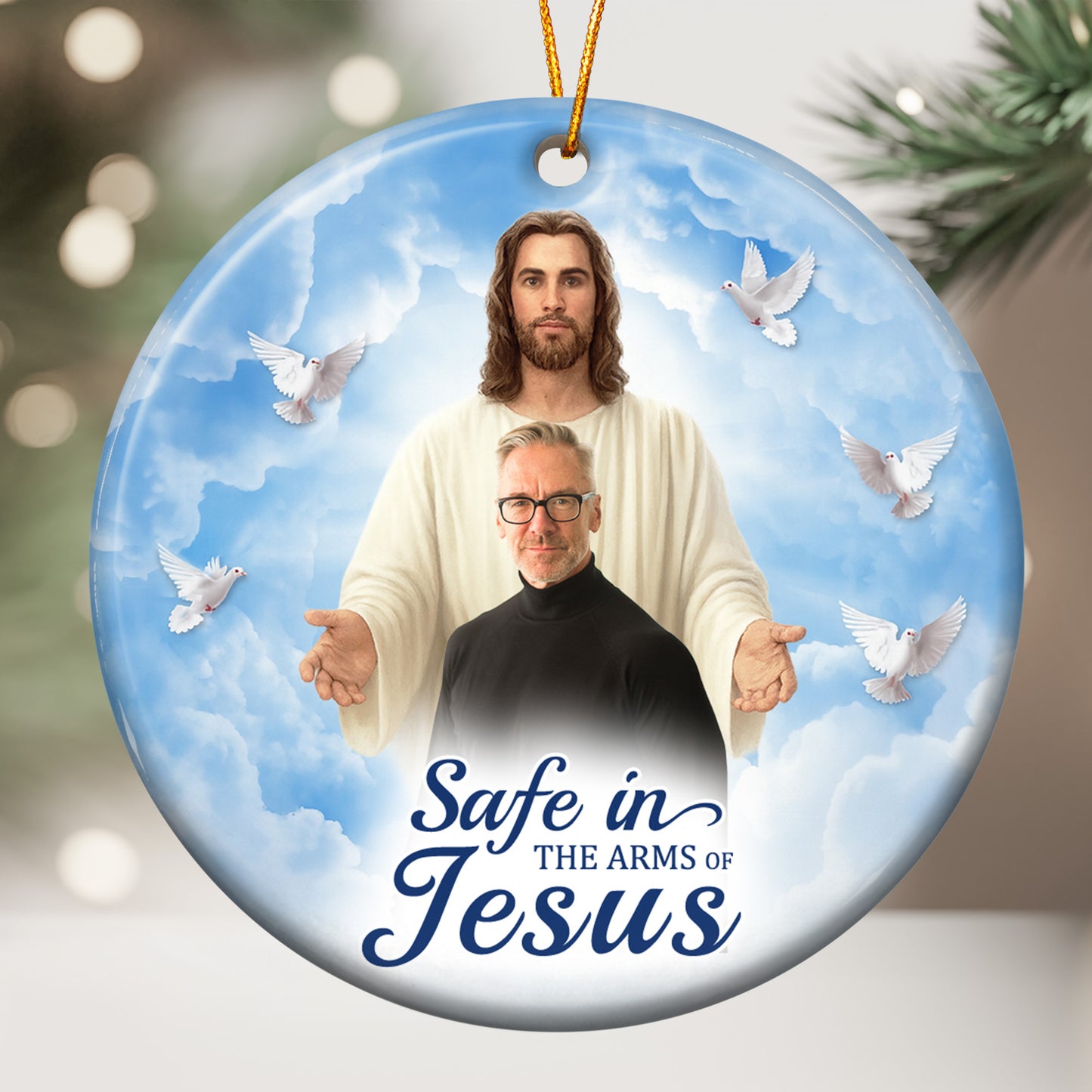 Safe In The Arms Of Jesus Memorial Christmas Ornament - Personalized Ceramic Photo Ornament